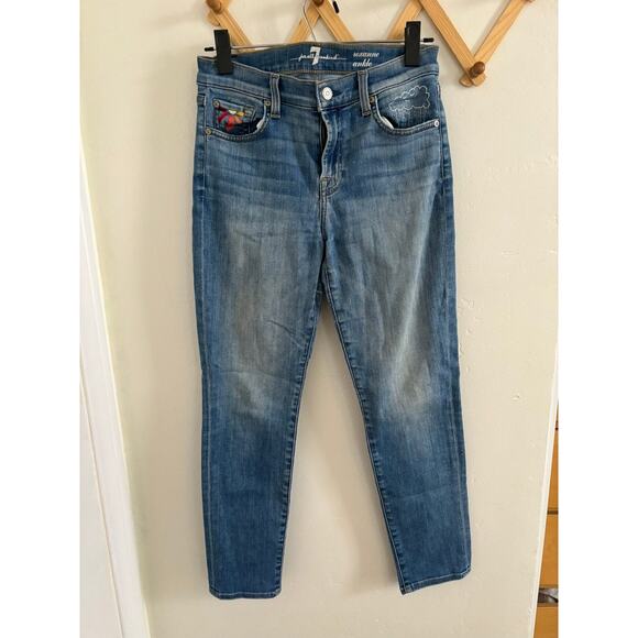 7 For All ManKind Jeans Women's 27 Roxanne Ankle Skinny Blue Denim Embroidered - Picture 2 of 14